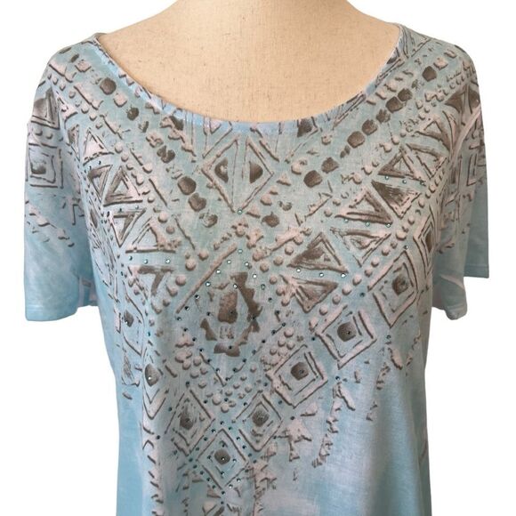 Chicos M/8 Soft Blue and Grey w/ Blue Rhinestone Bling Short Sleeve T Shirt - Picture 3 of 8